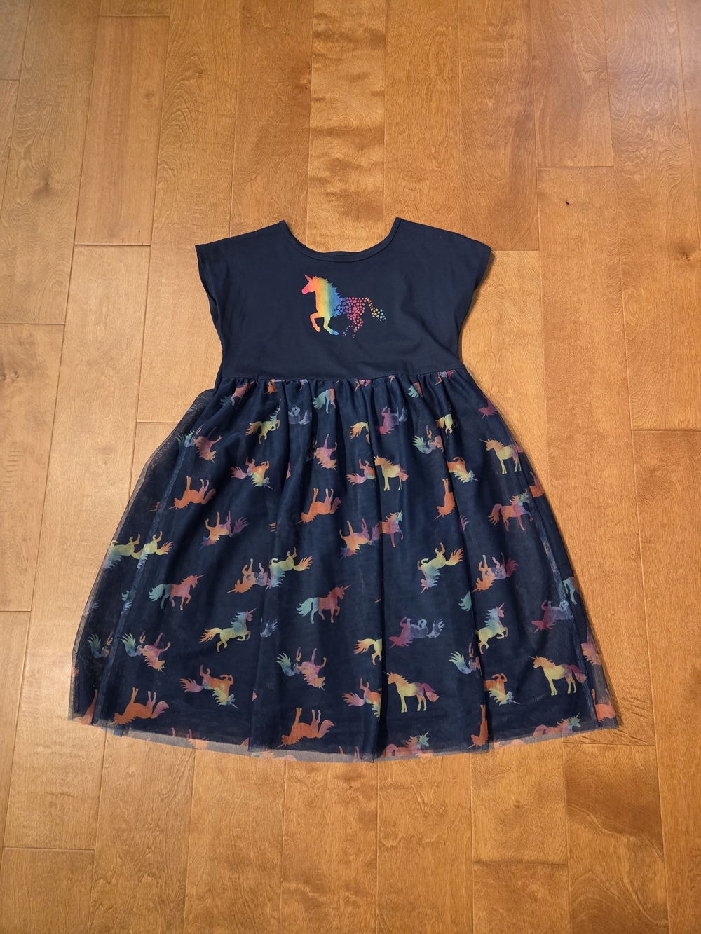 Navy Unicorn Tulle Dress with Rainbow Accents - Girls L 10-12